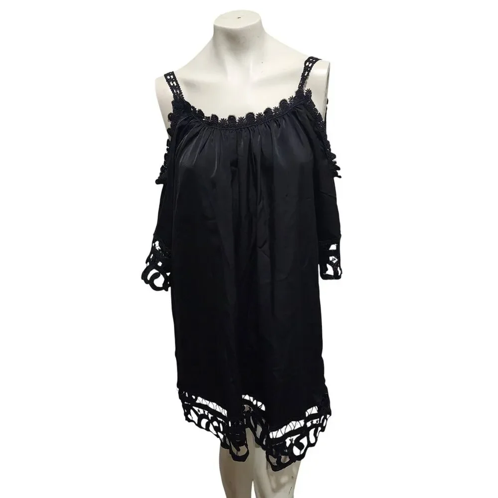 Meet.Curve Black Lace Swim Cover Up One Size Boho‎ Sheer Beach Resort